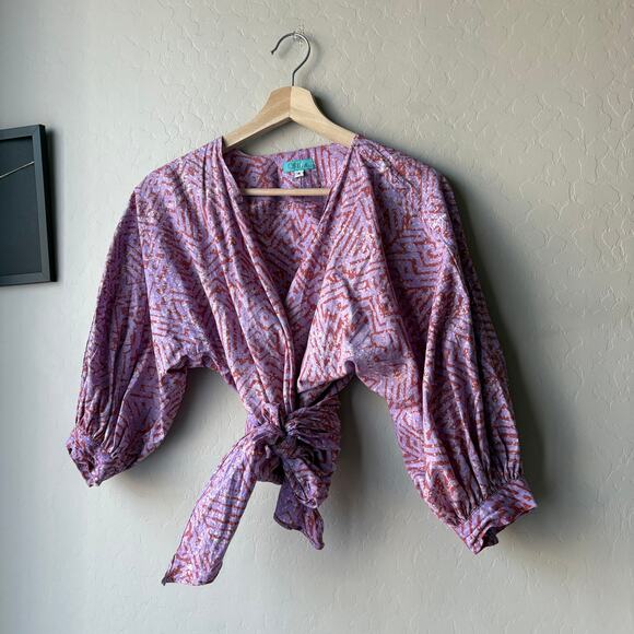 Sika Wrap Top Cotton Printed Lilac Rust 3/4 Sleeve Tie Front Cropped Top Size 4 - Picture 2 of 7